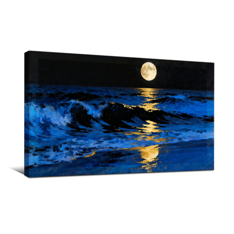 Nautique et plage au clair de lune, vagues de l'océan réfléchissant la lumière, H 28 po x l 58 po