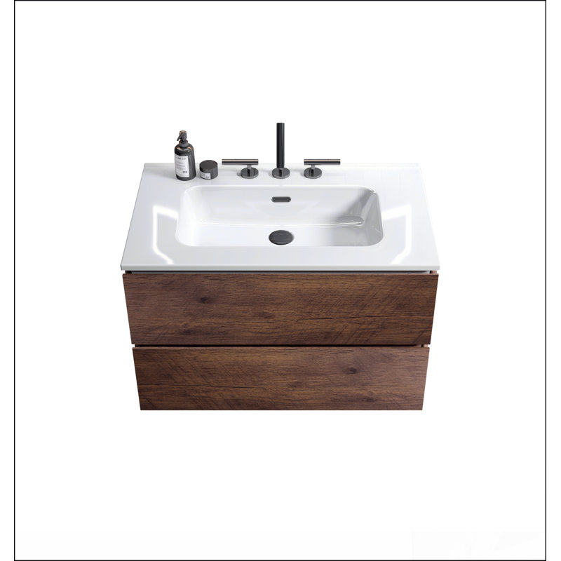 Meuble-lavabo mural en noyer de 30 po avec lavabo en céramique avec trois trous de robinet, grand meuble-lavabo flottant de rangement pour salle de bain moderne, lavabo une pièce sans drain, pré-assemblé
