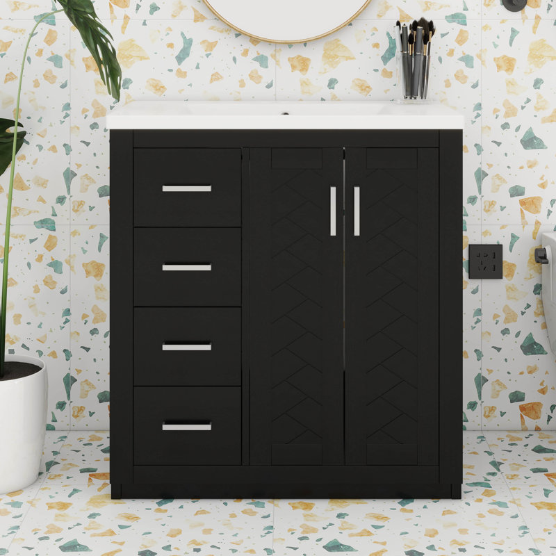Meuble-lavabo 36 po avec lavabo en céramique, armoire de rangement moderne en bois massif avec 3 tiroirs et portes à fermeture douce