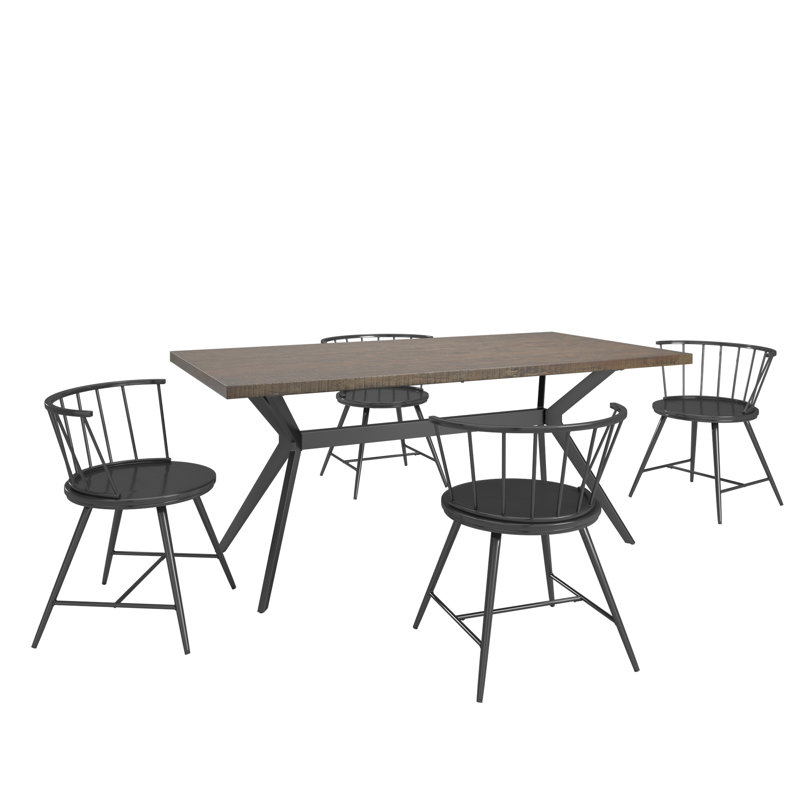 Breaux 70" Iron Gray Metal Base Dining Table And Low Back Windsor Chairs Set - Table And 4 Chairs, Driftwood Gray, Black