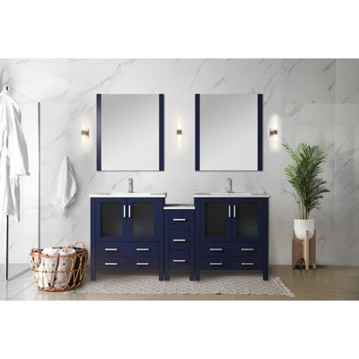 72 po Grand meuble-lavabo double large bleu marine avec comptoir en céramique blanc, robinet, tiroirs à fermeture en douceur et rangement latéral pour salle de bain bien organisé avec robinet, fonction, surface
