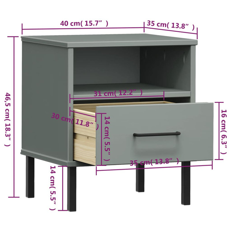 Panzino 40cm W Metal Bedside Table, Grey