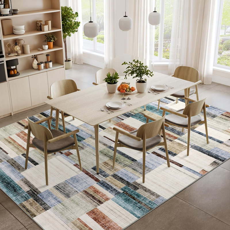 Geometric Washable Area Rugs for Office Home, Ivory, Rectangle 4' x 6'