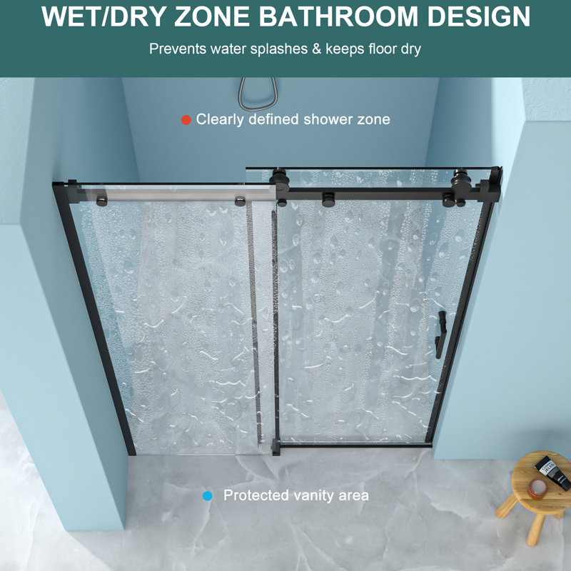 Porte de douche simple, verre trempé de 8 mm, cadre noir mat en acier inoxydable 304, installation facile, porte en verre pour rénovation avec fonctionnement antirouille et silencieux