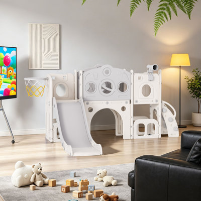 Ensemble de jeu 8-en-1 pour tout-petits, aire de jeux intérieure et extérieure pour enfants avec grimpeur, tunnel, panier de basketball et télescope, glissade autoportante Hdpe certifiée Astm pour les tout-petits de 1 à 3 ans