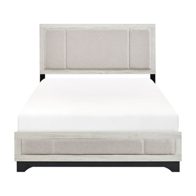 Très grand lit contemporain à deux tons en chêne blanc et gris, tête de lit tapissier en tissu moderne avec finition grise, pour la décoration