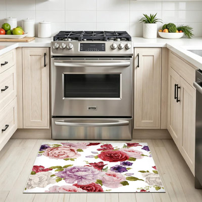 Red Machine Washable,Seamless Floral with Roses Watercolor Flower Vintage Indoor Area Rug