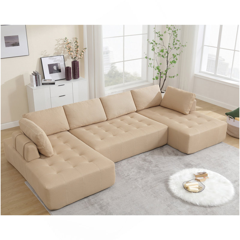 Canapé modulaire de 138,5 po, canapé en forme de U, salon, appartement, rembourré, canapé 6 places, canapé combiné libre (tissu en filet), tissu respirant, kaki
