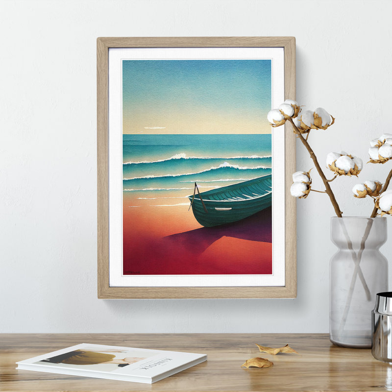 Boat on a Sandy Beach 1 Piece Single Picture Frame Wall Art, 34cm H x 25cm W x 2cm D, Oak