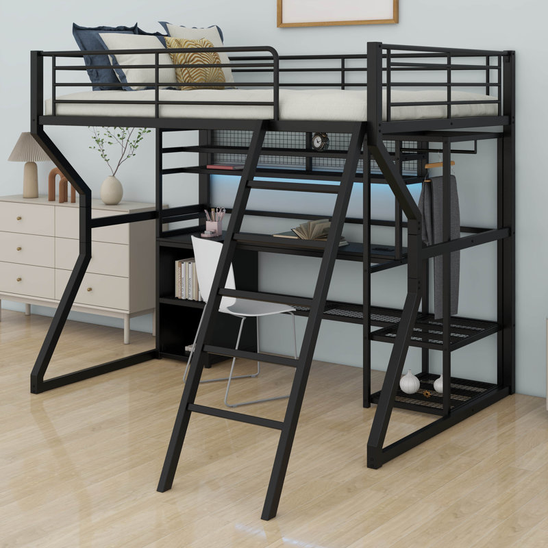 Lit mezzanine double en métal avec bureau et rangement intégrés, cadre de lit de jeu en métal peu encombrant avec lumières DEL, garde-robe ouverte et station de charge