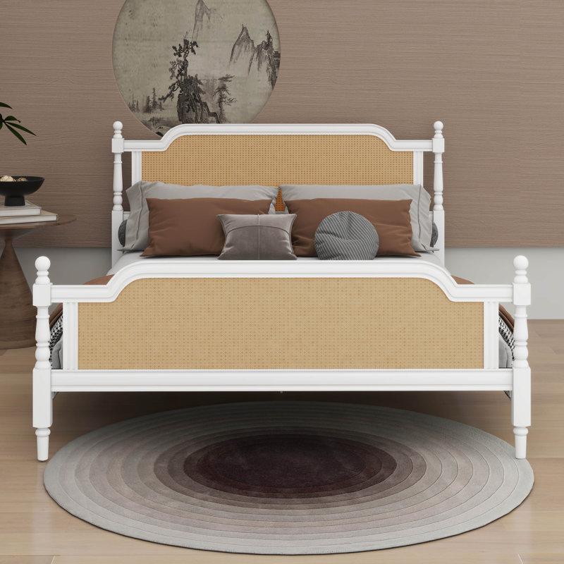 Cadre de lit grand, cadre de lit en rotin de style traditionnel, Blanc antique