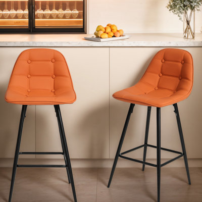 25.5" Armless Kitchen Bar Stools, Of 2, Faux Leather, Steel Frame With Back And Footrest, Brown Counter Stools Armless. Modern Metal Footrest For Home. Leather Upholstery, Frame, Chairs