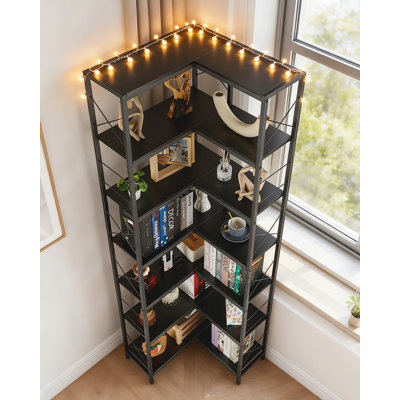 7-Shelf Corner Bookshelf, Wood and Metal Large Modern Corner Bookcase, 7-Tier Tall Corner Shelf Storage Display Rack with Metal Frame for Living Room Home Office