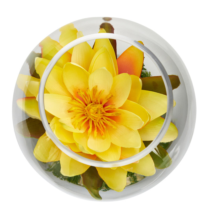 Yellow Lotus Artificial Arrangement in Glass Vase with Faux Moss