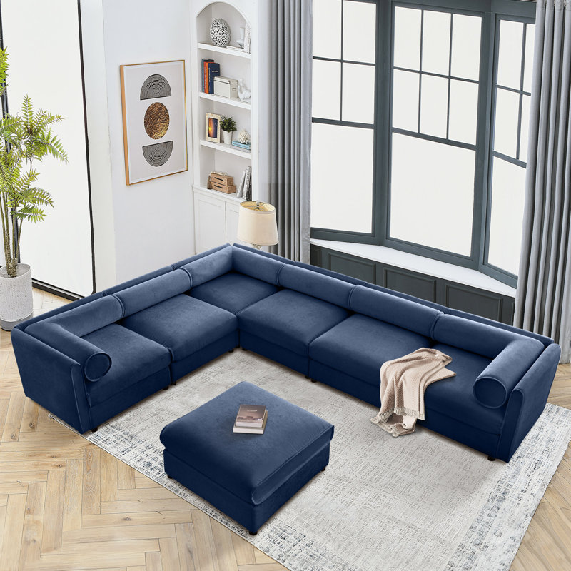 Solstice 142.5" 7-Piece Corner Sectional Chenille Sofa With Movable Ottoman, Blue Chenille