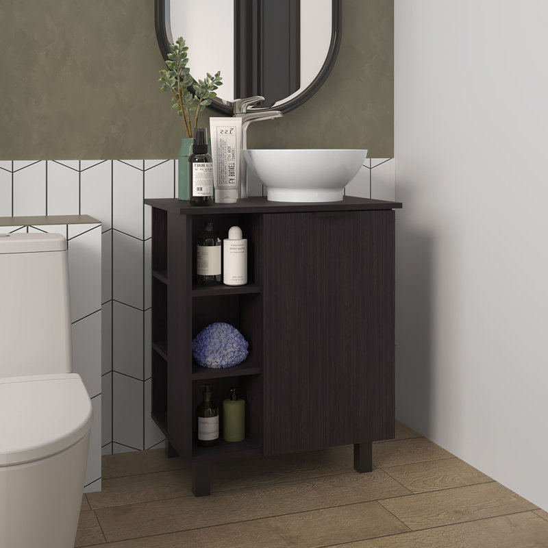 Meuble-lavabo avec 1 porte et 8 tablettes de rangement, Wengé