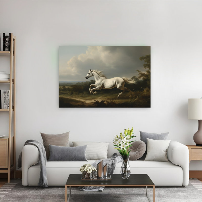 Majestic White Horse Classic Dramatic Abstract Horse Landscape Nature Wall Art Print 1 Piece Wrapped Canvas Wall Art