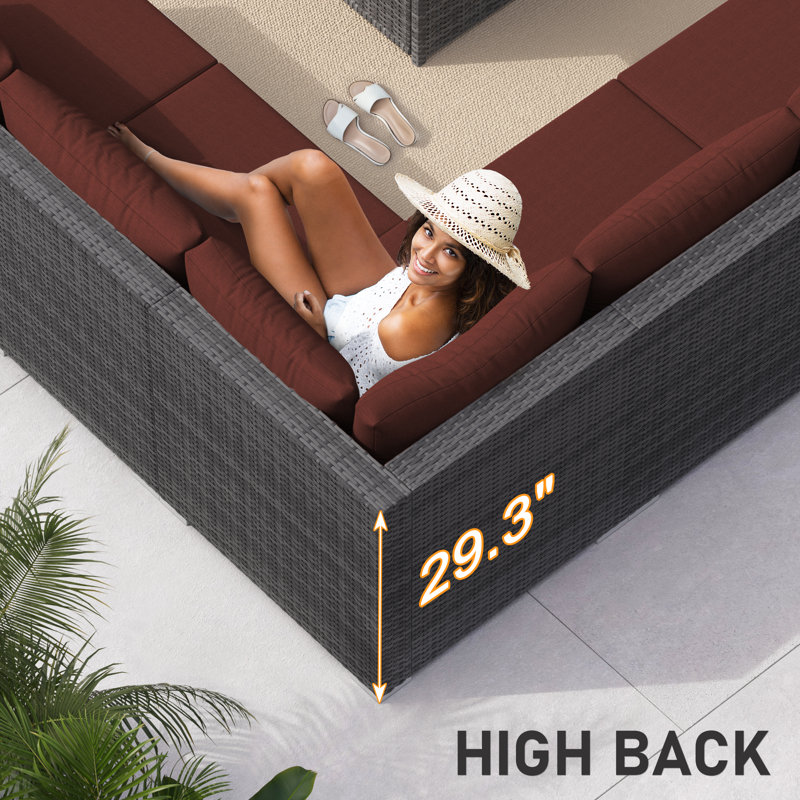 High Back 7 Piece Wicker Patio Conversation Furniture Set with Fire Pit Table and Cushions, Sectional Deep Seating Group, Red