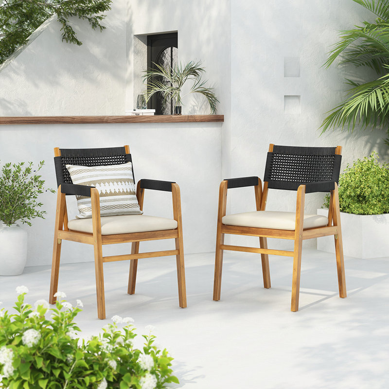 Ensemble de 2 chaises d'extérieur en bois d'acacia avec coussins confortables pour patio et jardin, Noir