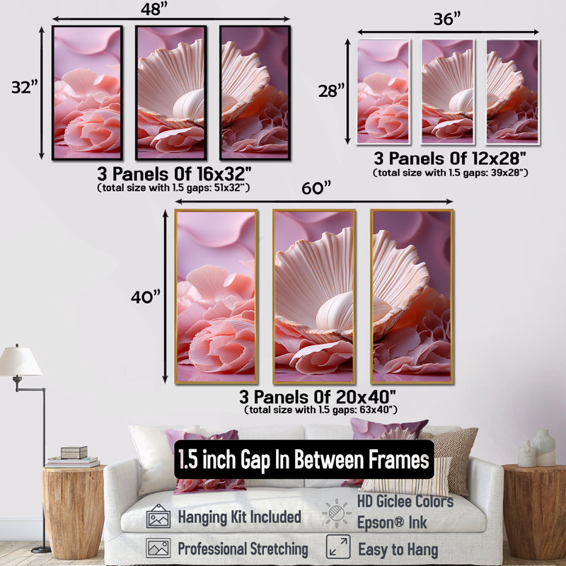 Romantisme, coquillages II - ensemble d'art mural en toile coquillage, Cadre flottant blanc, H 32 po x l 48 po x P 1 po