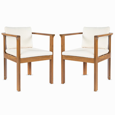 Outdoor Dining Chair Set Of 2 With Curved Acacia Wood Arms, Teak Finish And Cream Cushions