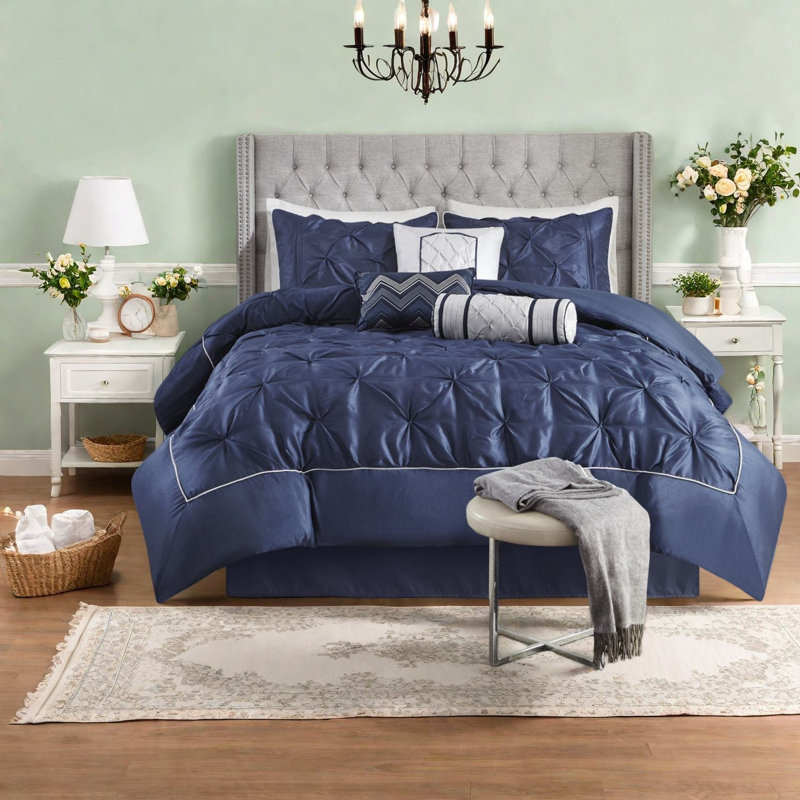Elegant Navy 7-piece Bedding Sets With Tufted Polyester For Home