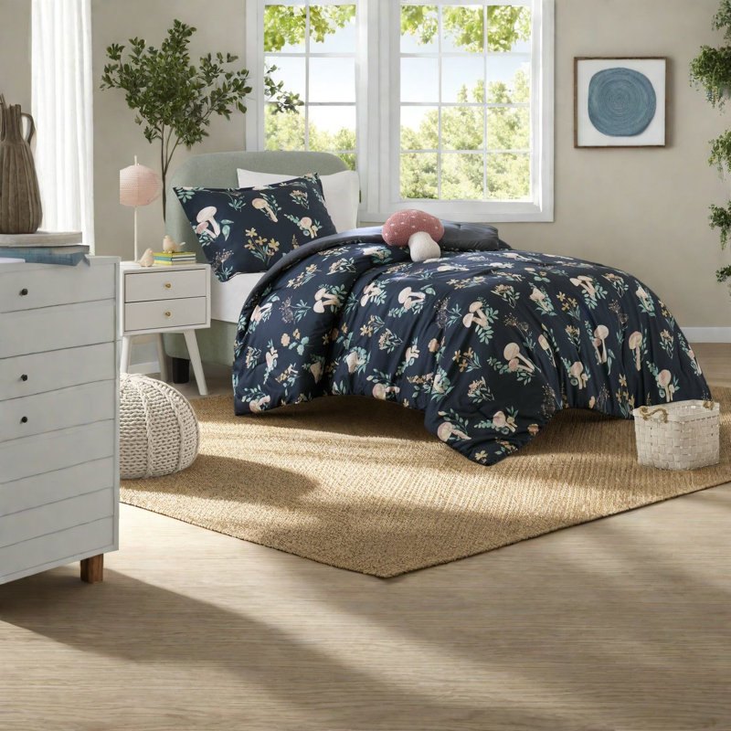Hypoallergenic Microfiber Bedding Sets, Navy Multi Mushroom Design, Twin/twin Xl
