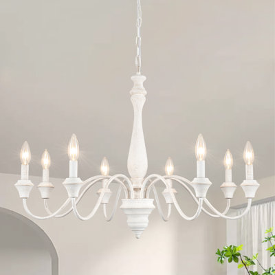 Lustre rétro classique / traditionnel à 8 lumières l 31,49 po de style bougie avec finition blanc vieilli et douilles E12 en forme de bougie