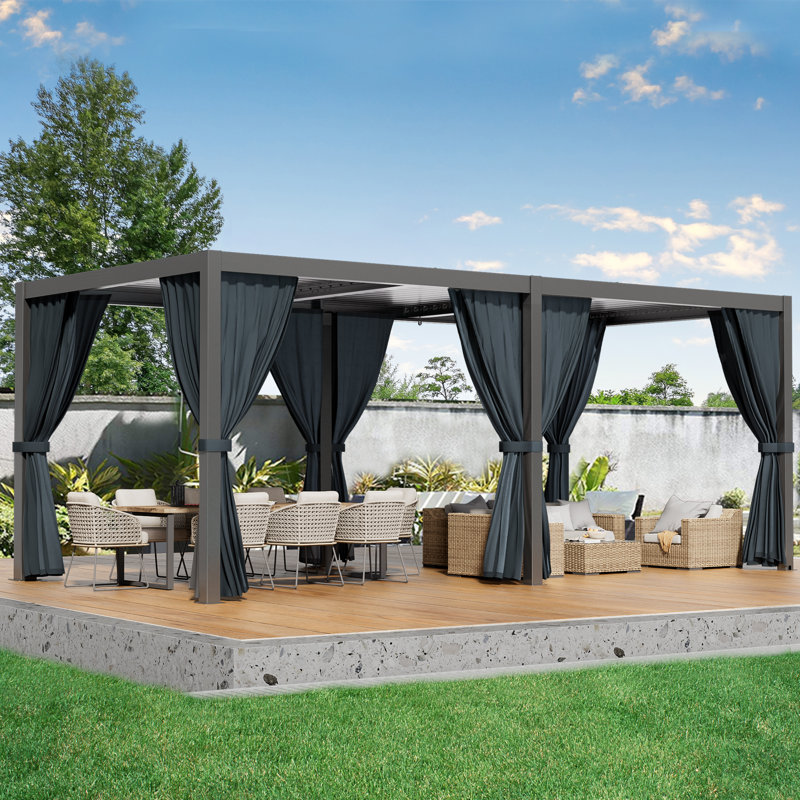 Aluminum Louvered Pergola with Adjustable Roof and Curtains, 20 ft. W x 10 ft. D