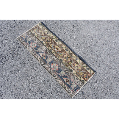 Handwoven Turkish Vintage Runner Rug in Bohemian Anatolian Design for Hallway Decor Blue/Green