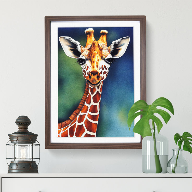 Happy Giraffe - Single Picture Frame Painting, 64cm H x 46cm W x 2cm D, Walnut