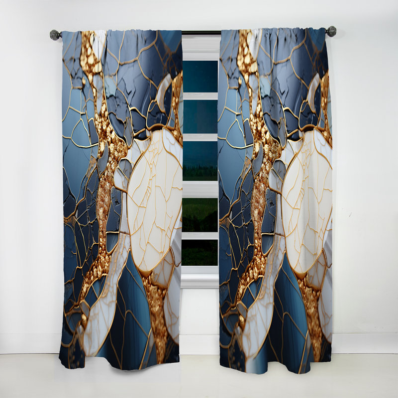 Jarred Gold And Blue Abstract Liquid Art II - Liquid ink Curtain - Velvet Room Darkening - 1 panel, 52" W x 84" L