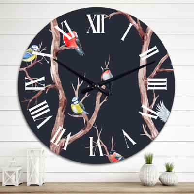 Fall Trees with Red Birds on Black - Traditional Wall Clock