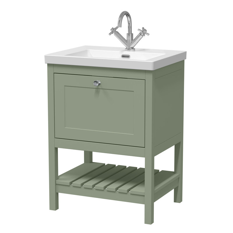 Old London Bexley 600mm Fern Green 1 Drawer Floor Standing Vanity Unit With 1 Tap Hole Contemporary Fireclay Basin, 61.3cm W