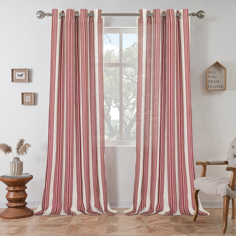 Semi Sheer Grommet Linen Chris Stripe Patterned Curtains, 52" W x 96" L, Red