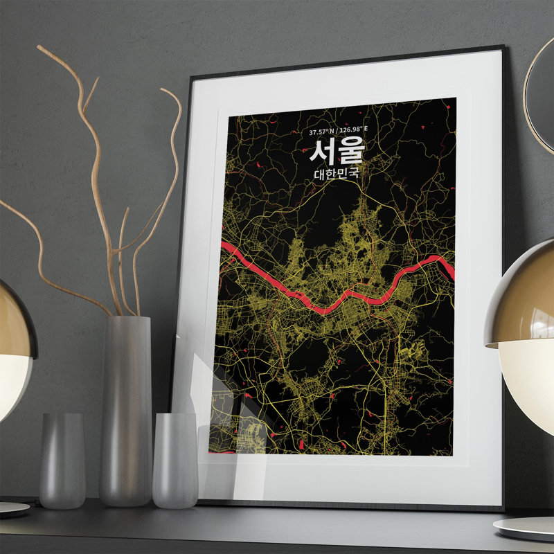 Séoul (coréen) - impression sur toile tendue, Noir / rouge / jaune