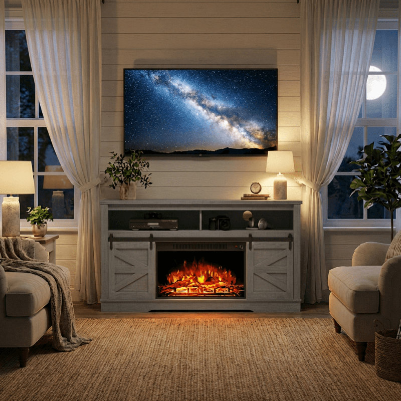 58'' Media Console TV Stand for TVs Up to 65", Entertainment Center with Included Electric Fireplace, Gray