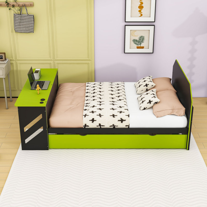 Full Daybed with Twin Trundle and Built-in Desk and USB Port, Green