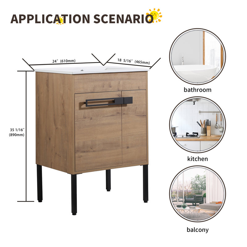 Ensemble meuble-lavabo double de 61 cm (24 po), meuble-lavabo simple avec lavabo en céramique, 2 portes et 1 tablette réglable
