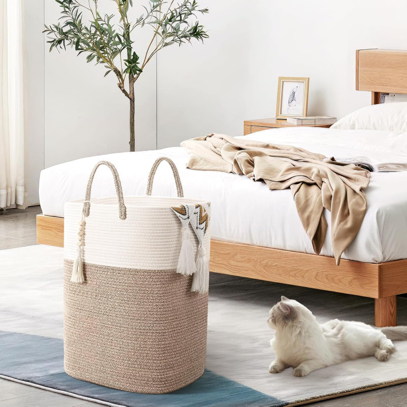 Woven Laundry Basket With Beads Tassel, 65L Large Rectangular Clothes Hamper - Natural Seagrass & Cotton Rope Storage Bin For Nursery, Bedroom, Laundry Room Organization, Aesthetic Toy Storage