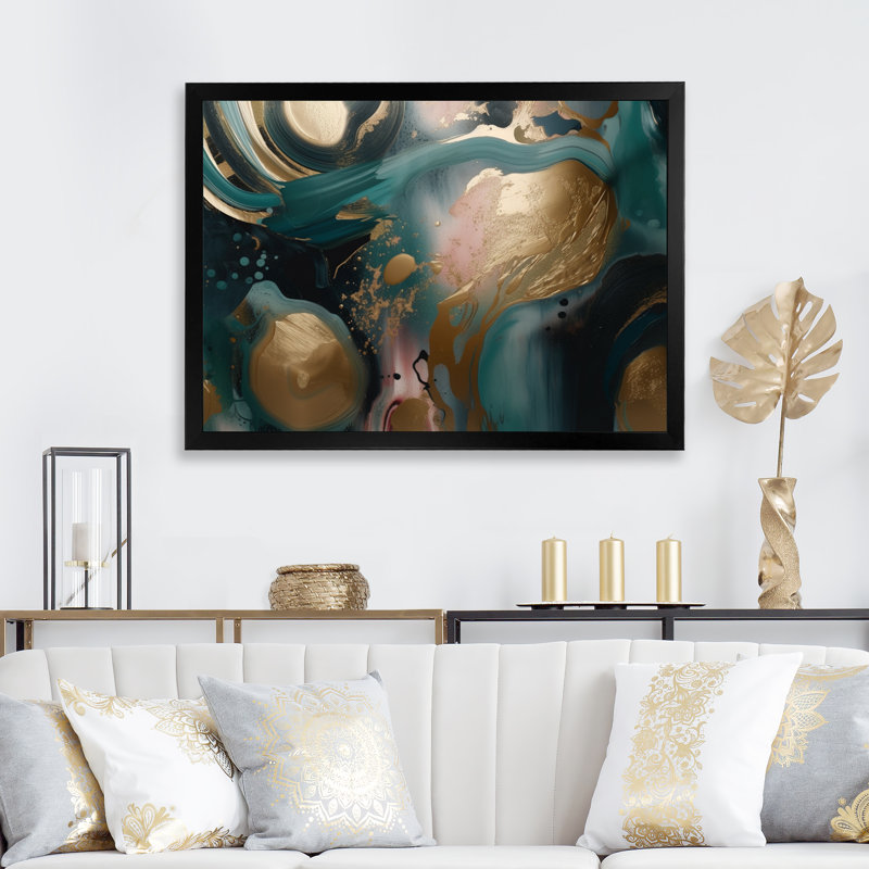 Or et vert marbré Euphoria I - impression sur toile de marbre abstrait, Cadre simple noir, H 24 po x l 32 po x P 1 po