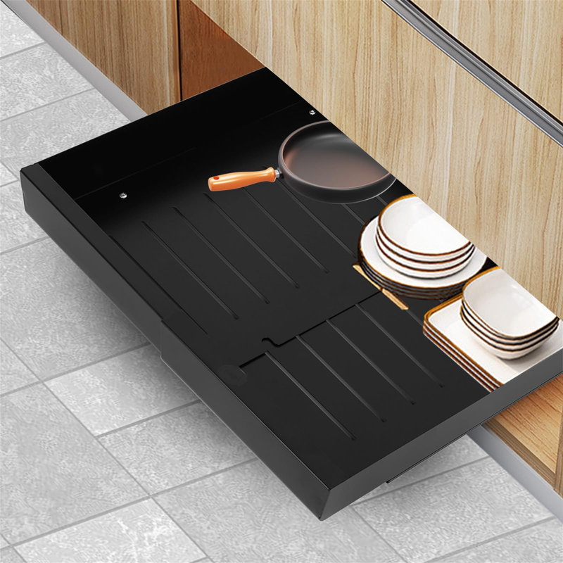 Pull Out Cabinet Organiser, Expandable Slide Out Drawer Storage Shelf, 30-50Cm W X 43Cm D X 7Cm H, Black