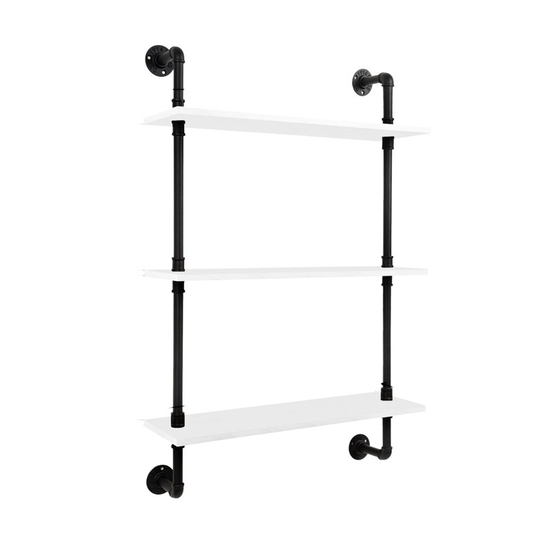 3-Tier Industrial Pipe Floating Shelf - 24 Inch Rustic Wood, White/Black