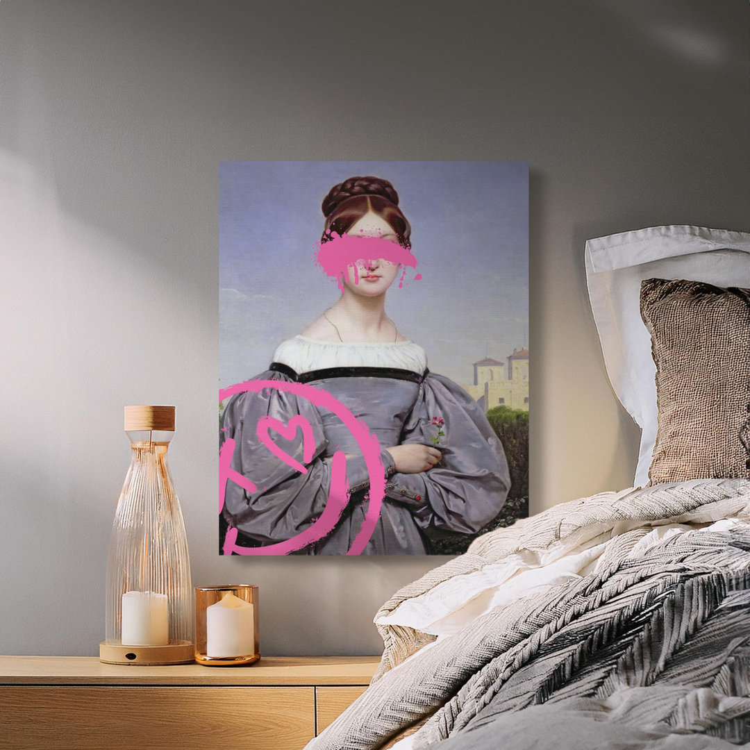 Rebellious Classical Portrait Canvas, Pink Graffiti Art Wall Decor, Edgy Vintage Painting, Modern Aesthetic Canvas Print