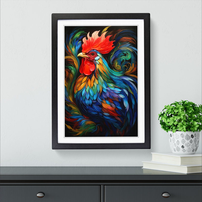 Rooster Abstract - Single Picture Frame Print on Wood, Black, 34cm H x 25cm W x 2cm D