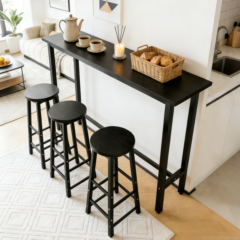 Modern Minimalist 3-Person Bar Table And Stool Set – Rectangle Bar Counter With Iron Legs And Wooden Seats