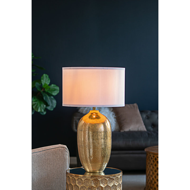 Lampe de table ronde en aluminium avec abat-jour en tissu, design élégant et lumière chaude et douce