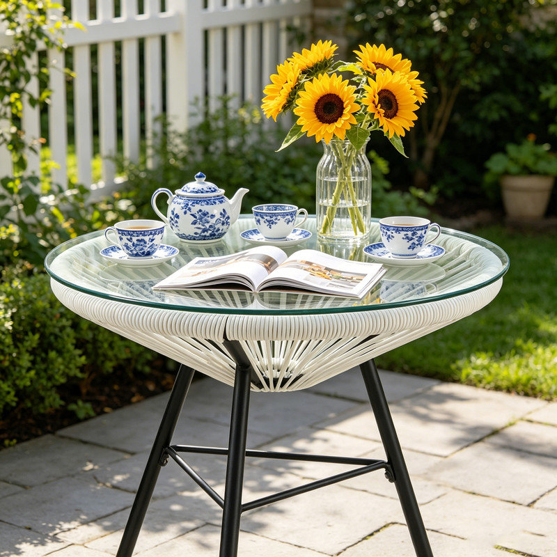 Table d'appoint blanche en rotin Sunburst avec plateau en verre trempé - décor bohème moderne de 17,75 po pour patio, salon ou balcon