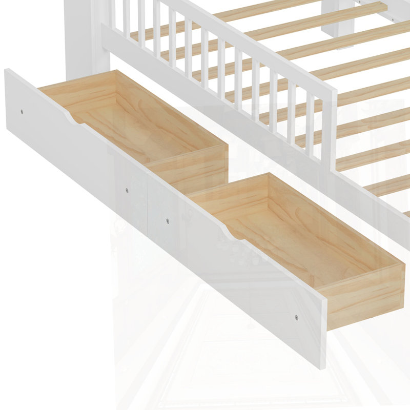 Lit simple avec rangement pour tête de lit, 2 tiroirs sous le lit et 3 garde-corps latéraux pour plus de sécurité, blanc