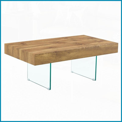 Table basse en MDF de style naturel avec pieds en verre trempé - plateau robuste de 39,3 po x 21,6 po, assemblage facile en 15 minutes